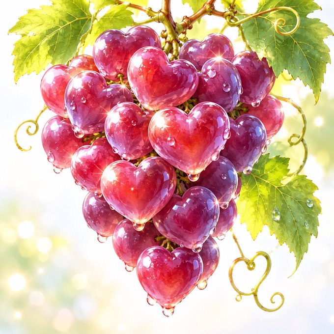 An artistic illustration of a bunch of pink heart-shaped grapes with water droplets, surrounded by green leaves and curly vines.