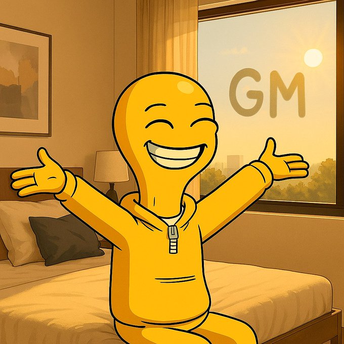 A cartoon-style yellow figure with a big smile stands on a bed with arms outstretched in a sunlit bedroom, with 'GM' visible on the window.