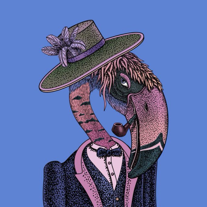 An anthropomorphic flamingo wearing a wide-brimmed hat, smoking a pipe, and dressed in a formal suit with a bow tie, rendered in a stylized pointillism technique against a blue background—evoking the eccentric, NFT-inspired "fashion" aesthetic that began with quirky illustrated animal avatars.