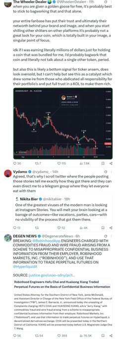 A Twitter thread screenshot features 'The Wheeler Dealer' warning about 'signal groups', with embedded replies from @nyfamo, @nikitabor, and @degennewstv sharing a news link about a SEC complaint against Robinhood.