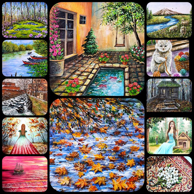 A collage showcasing a collection of vibrant paintings—including a koi pond courtyard, autumn leaves floating on water, a kitten with yarn, sailboats, a cabin, and floral still lifes—promoting the artist's work available on the secondary market through objkt.com/@manely/collec starting from just 3 ꜩ.