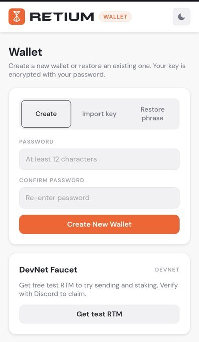 The image shows the Retium Wallet creation page with a "Create New Wallet" button and a DevNet Faucet section offering "Get test RTM" for free test RTM, aligning with the post's announcement that the Retium faucet is back online to dispense 5 $RTM daily via wallet.retium.org.