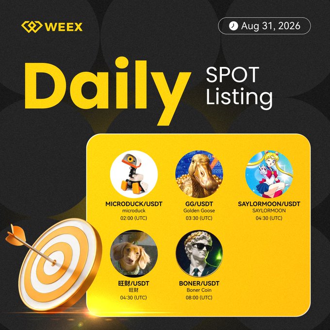 This is a WEEX Daily Spot Listing announcement for August 31, 2026, featuring a bullseye graphic and showcasing five new token listings: $MICRODUCK/USDT at 02:00 UTC, $GG/USDT (Golden Goose) at 03:30 UTC, $SAYLORMOON/USDT at 04:30 UTC, $旺财/USDT at 04:30 UTC, and $BONER/USDT (Boner Coin) at 08:00 UTC.