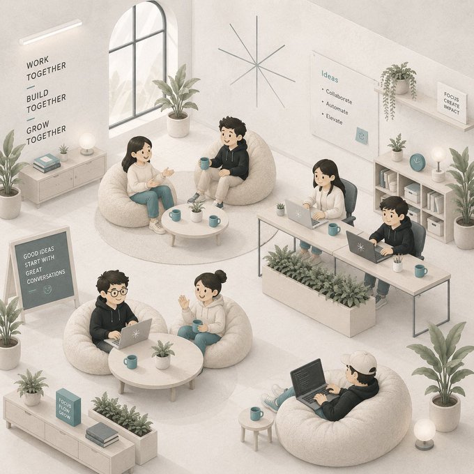 An isometric illustration depicting a collaborative workspace with people working on laptops and bean bags, featuring motivational text like 'WORK TOGETHER', 'BUILD TOGETHER', 'GROW TOGETHER', and 'IDEAS' with sub-points 'Collaborate', 'Automate', 'Elevate'.