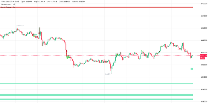 A TradingView chart showing BTC/USD price action between July 30-31, 2026, with the price consolidating around $63,812 (close), highlighting a new whale buy wall at 63k and a sell wall at 67k as described in the post.