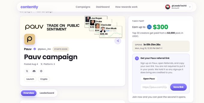 A screenshot of the Contentlyly platform showing a 'Pauv campaign' by @pauv_irc, offering up to $300 for top creators and showing the campaign opens in 01h 31m 26s.
