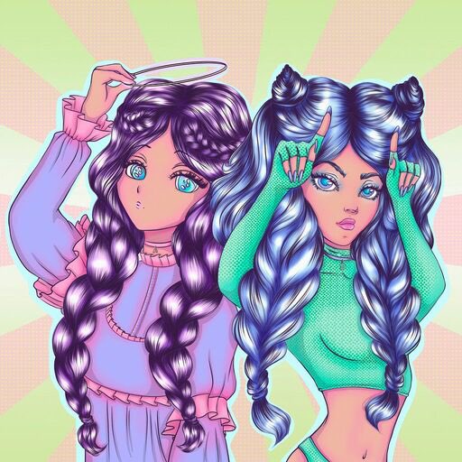 Colorful digital illustration of two anime-style girls with long braided hair, one with a halo, posing against a sunburst pastel background.