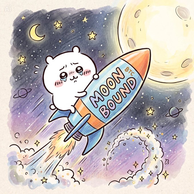 A cute, teary-eyed white bear character clings to a rocket labeled "MOON BOUND BTC" as it launches toward a glowing moon through a starry galaxy, visually representing the post's excitement about the $CHIIKAWA token's rapid 1m to 3m market cap growth and its strong "to the moon" momentum backed by a solid CTO team.