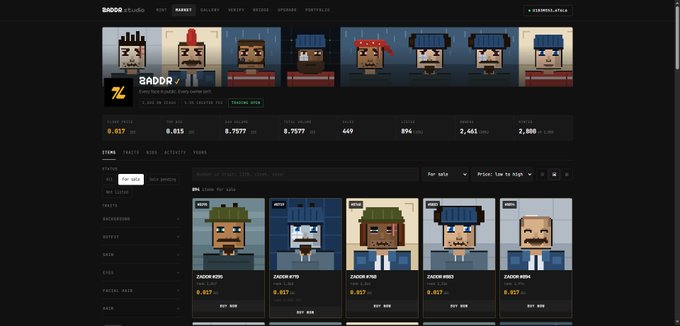A website screenshot for 'BADDR studio' displaying a collection of pixel-art NFT avatars called 'ZADDAR', with prices shown in ETH (e.g., 0.017 ETH) for individual listings.