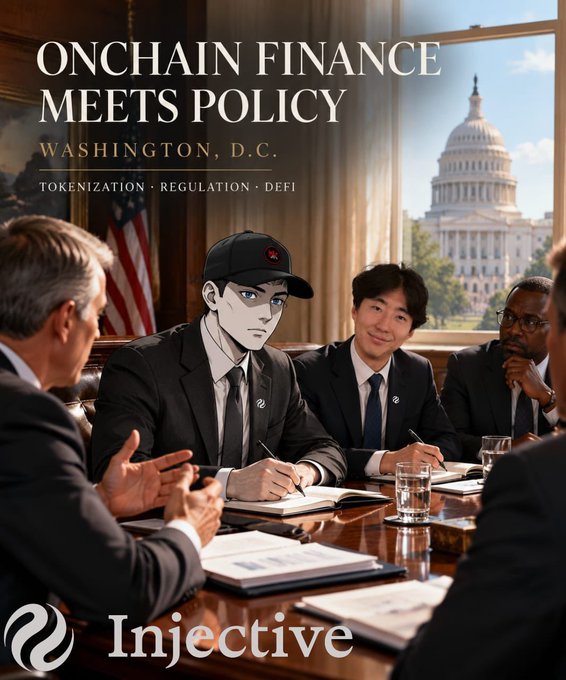 A promotional graphic reading "ONCHAIN FINANCE MEETS POLICY, WASHINGTON, D.C. - TOKENIZATION • REGULATION • DEFI" featuring an illustrated scene of people in a meeting with the U.S. Capitol building visible through a window, branded with the "Injective" logo.