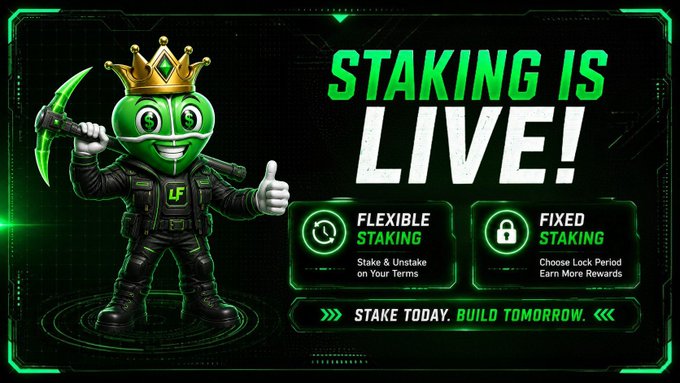 A cartoon green character wearing a crown and "LF" jacket wields a pickaxe next to bold "STAKING IS LIVE!" text, highlighting Flexible and Fixed Staking options for Lovely Legends' Season 2 launch on Telegram.