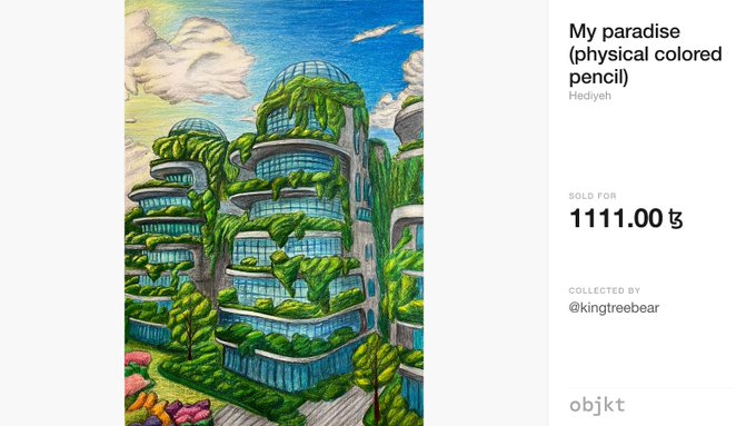 A colored pencil artwork titled 'My paradise' by Hediyeh, sold for 1111.00 on objkt, featuring a futuristic building covered in lush green vines under a bright blue sky.