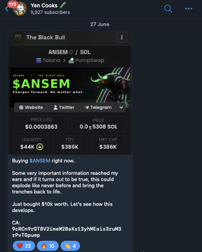 A Telegram post in "The Black Bull" group promotes the Solana-based meme token $ANSEM, showing its $0.0003883 price, $360K liquidity, and $44K market cap, with the user claiming they bought $10K worth. The image highlights the token's details, aligning with the post's pitch for a quick $15 SOL engagement play.