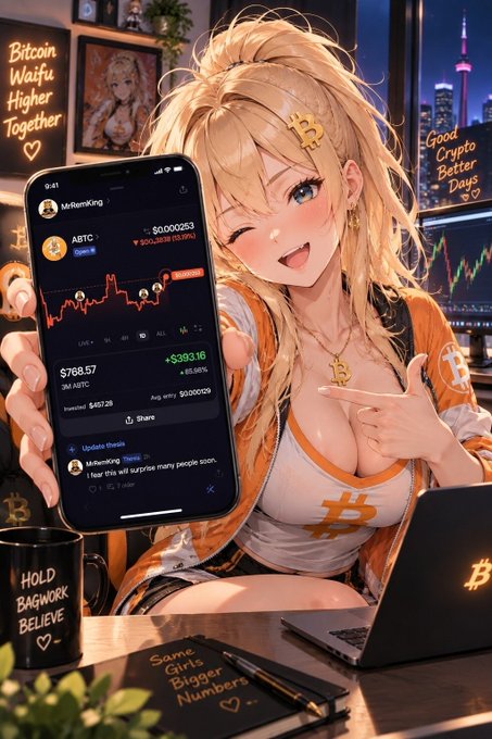 An anime-style illustration shows a blonde character in Bitcoin-themed apparel excitedly pointing at a smartphone displaying a chart, with text reading 'Bitcoin Waifu Higher Together' and 'HOLD BAGWORK BELIEVE'.