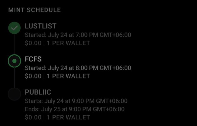 The image displays a mint schedule for "Hood Lust" NFT collection, showing three completed/ongoing phases—Lustlist (started July 24 at 7:00 PM GMT+06:00), FCFS (started July 24 at 8:00 PM GMT+06:00), and Public (July 24-25 at 9:00 PM GMT+06:00)—each priced at $0.00 with a 1 per wallet limit, confirming the collection has been fully minted out as announced.