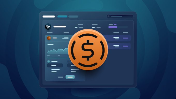 An illustration of a coin with a dollar sign symbol hovering over a digital dashboard interface with charts and data rows on a dark blue background.