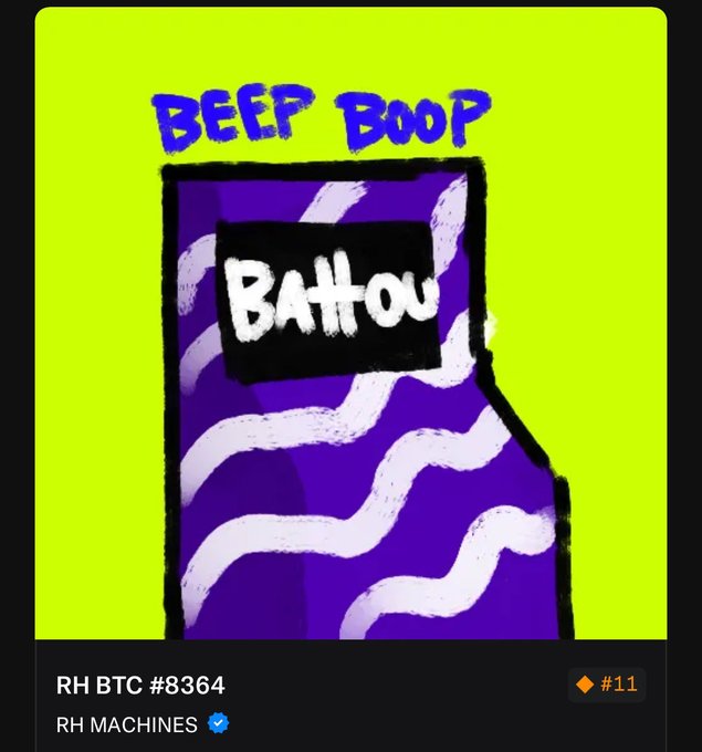 The artwork features a purple cassette tape labeled "Battou" with wavy white patterns, set against a vibrant neon green background with "BEEP BOOP" written at the top in blue. It represents Rank #11 from the "RH MACHINES" BTC #8364 collection, showing the rarity and unique value of this piece within the 16 existing "Battou" items.