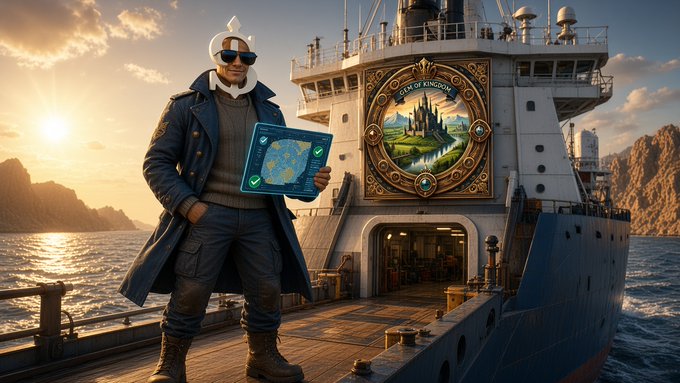 An AI-generated image of a man in a navy coat and sunglasses holding a tablet, standing on the deck of a naval ship displaying a 'City of Kingdom' emblem, with rocky cliffs and sunset in the background.