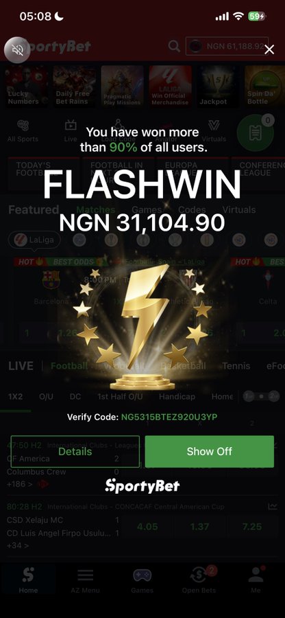 A SportyBet screenshot displays a "FLASHWIN" notification celebrating a NGN 31,104.90 win, outperforming 90% of all users, supporting the post's announcement of a small giveaway.