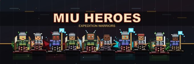 The image features a group of small, cartoon-like figures standing next to each other against a black background. The text "MIUHEROES" is written above them, indicating that they are characters from a video game or series. Below this title, there's some text that reads "GIVEAWAY  30 GTD MIUHEROES To enter:  Follow @MIUHEROES & @CoinmemesDAO & Like + RT this post & drop your eth address". This message is likely a promotional or invitation to join the MIUHEROES community, encouraging players and fans to engage with the characters from the series.