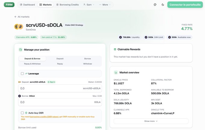 DeFi interface for the scrvUSD-sDOLA market on the Earn page, showing a fixed rate of 4.77%, oracle price $1.1627, collateral factor 87%, with deposit and borrow input boxes and market statistics (total borrowed 4.13m DOLA, DOLA liquidity 766.86k DOLA, claimable APR 6.88%).