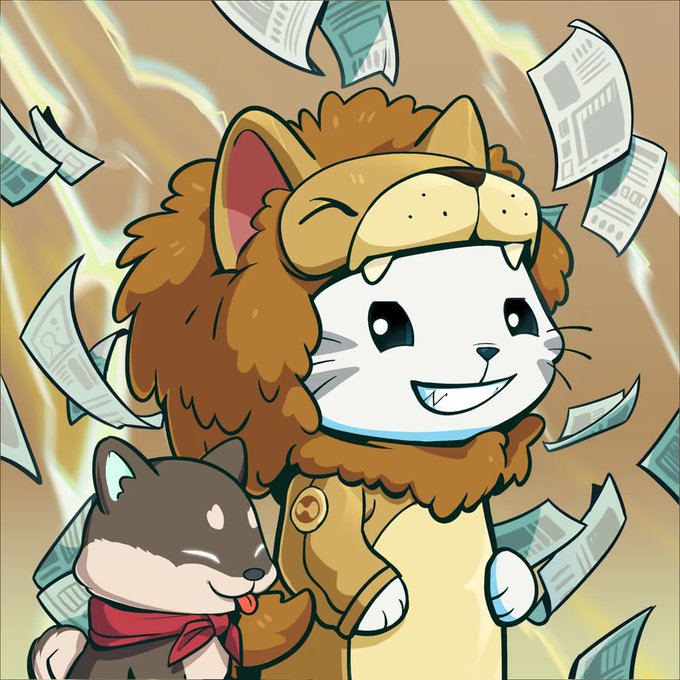 A cartoon illustration of a white cat wearing a lion mane costume standing next to a small brown dog with a red bandana, surrounded by floating papers and gold coins.