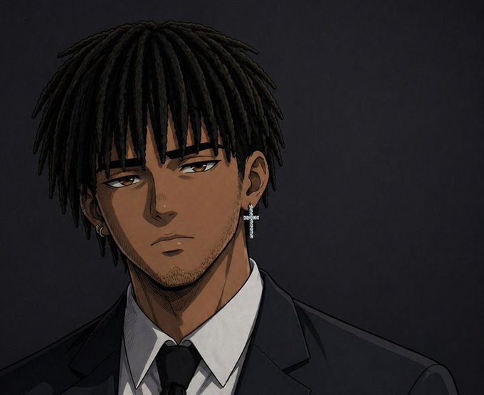 An anime-style portrait of a young man with dark skin, dreadlocks, wearing a black suit and tie with a cross earring, against a dark gray background.