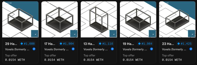 The image displays a row of five NFT listings on what appears to be OpenSea, each showing voxel-based 3D art pieces titled "Voxels" with land areas ranging from 13 to 23 Ha and top offers of 0.0154 WETH. The collection, likely the Voxels (formerly Cryptovoxels) virtual world platform, relates to the "Origin art museum is going massive" post by suggesting an expansion or build-out within the voxel-based virtual world.