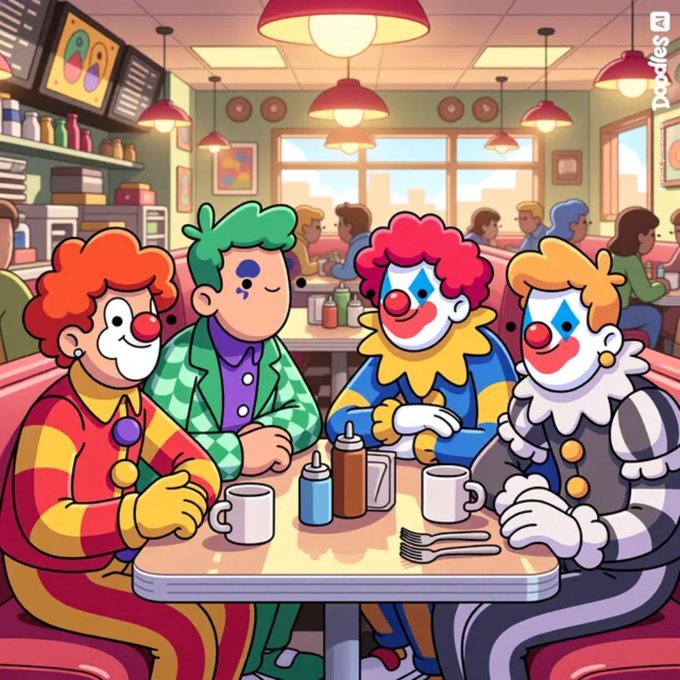 A cartoon-style AI-generated illustration (Doodles) showing four clowns sitting at a diner booth with coffee cups, condiments, and utensils on the table.
