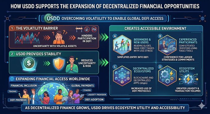 The image shows a detailed infographic about the concept of Decentralized finance and its impact on financial opportunities. The infographic highlights that Decentralized finance creates new opportunities for users around the world, such as trading, staking, and liquidity provision through stablecoins. It also emphasizes the importance of stablecoins in this context because they provide stability to the financial ecosystem by offering a secure and transparent method of exchanging value.