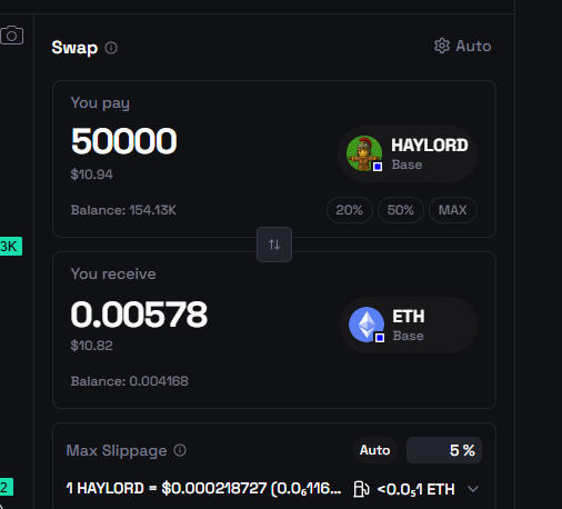 A screenshot of a crypto swap interface showing an exchange of 50,000 HAYLORD tokens (valued at $10.94) for 0.00578 ETH (valued at $10.82) on the Base network, illustrating the sale of Gold tokens mentioned in the post.