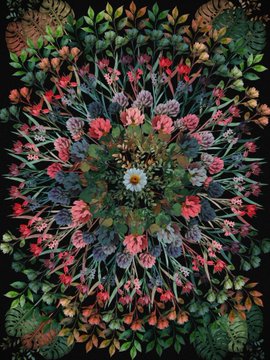 A symmetrical, mandala-like kaleidoscopic arrangement of various plants, leaves, and flowers radiating from a central daisy.