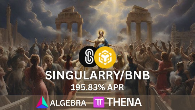 A promotional graphic for 'SINGULARITY/BNB' showing 195.83% APR on Algebra and Thena platforms, set against a classical painting of a divine figure surrounded by worshippers.