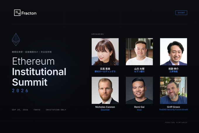 A promotional webpage for the 'Ethereum Institutional Summit 2026' hosted by Fracton, dated SEP 25, 2026 in Tokyo, featuring headshots of six speakers including 日本菜美, 山方大輔, 和歌奈介, Nicholas Cannon (Gauntlet), Remi Gai (inco), and Griff Green (TheDAO Security Fund & Giveth).