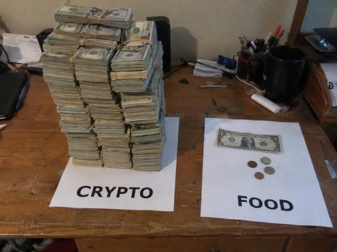 A large stack of US dollar bills labeled 'CRYPTO' is contrasted with a single dollar bill and a few coins labeled 'FOOD' on a wooden desk.