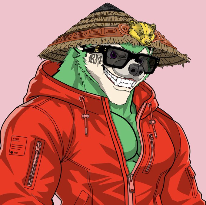 An illustrated anthropomorphic bear character wearing a conical straw hat, black sunglasses, and a red hooded jacket, with a small yellow tiger head perched on the hat.