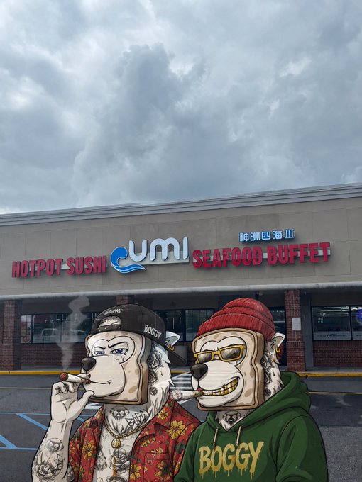 The exterior of a 'Yumi Hotpot Sushi Seafood Buffet' restaurant under a cloudy sky, with two cartoon anthropomorphic dog characters named 'Boggy' edited into the foreground.
