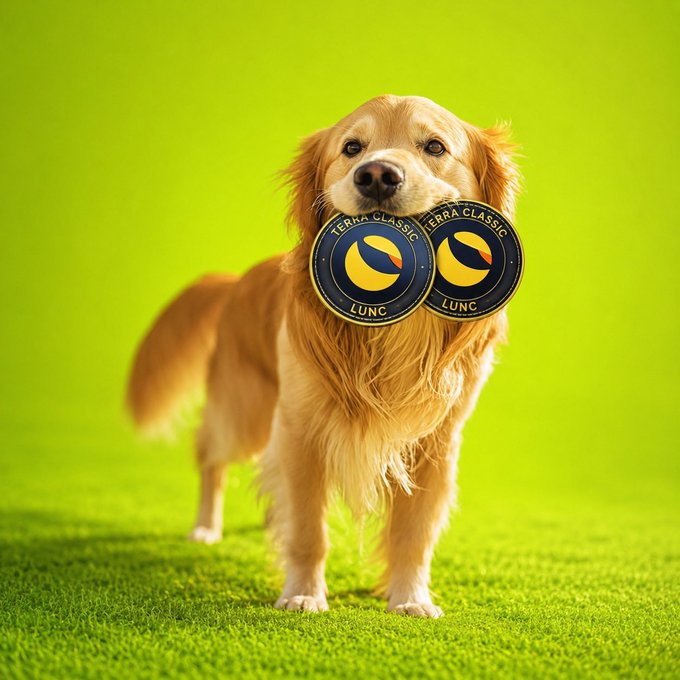 A golden retriever stands on green grass against a lime green background, holding two "TERRA CLASSIC LUNC" cryptocurrency coins in its mouth.