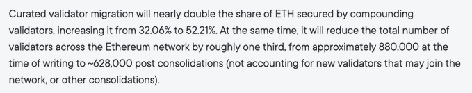 Text excerpt about curated validator migration on the Ethereum network, noting ETH secured share rising from 32.06% to 52.21% and validator count dropping from ~880,000 to ~628,000.