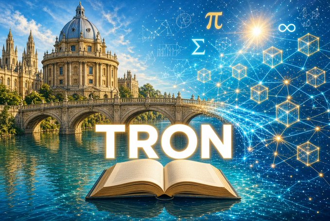 A composite image showing a classical building by a bridge over water on the left, merged with mathematical symbols (π, Σ, ∞), geometric shapes, and an open book with the text 'TRON'.