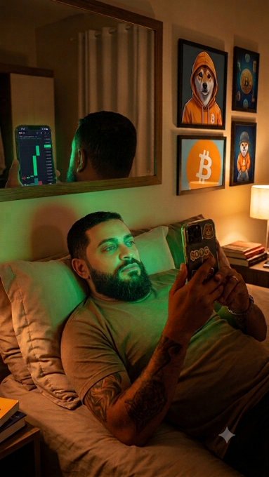 A bearded man with tattoos lying in bed looking at his phone, with cryptocurrency artwork featuring Bitcoin and a Shiba Inu dog on the wall behind him, and his phone screen reflected in a mirror.