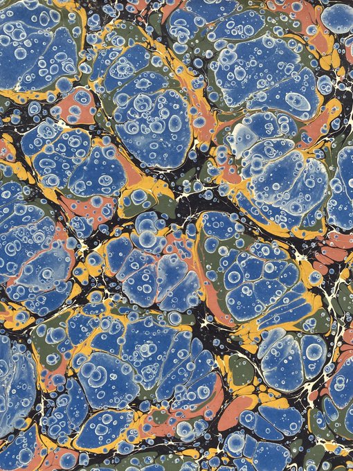Vibrant marbling artwork featuring clusters of bubble-like blue forms surrounded by contrasting orange, green, and black organic patterns, fitting the artist's style shared by Battal Ebru in the Tezos NFT community.