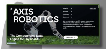 A website hero section for 'AXIS ROBOTICS' displaying the headline 'The Compounding Data Engine for Physical AI' with a view of a robotic arm in the background.