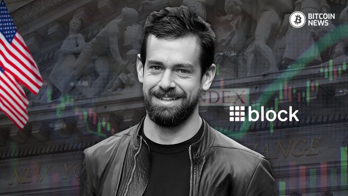 A smiling, bearded man in a leather jacket is featured against a backdrop of the New York Stock Exchange facade overlaid with green stock chart lines, alongside an American flag, the "block" company logo, and a "Bitcoin News" watermark in the corner. The image visually represents the article's subject, Jack Dorsey, and his company Block's pursuit of a national trust bank charter to offer Bitcoin custody services.