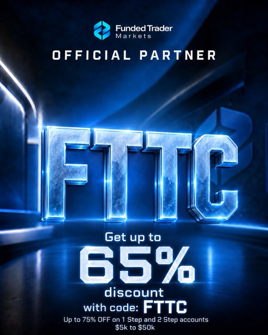 An advertisement for Funded Trader Markets (FTMC) offering up to 65% discount with code 'FTTC', up to 75% off on 1 Step and 2 Step accounts from $5k to $50k.