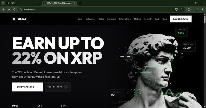 A screenshot of the XORA.finance website advertising 'EARN UP TO 22% ON XRP' as an XRP-based neobank.