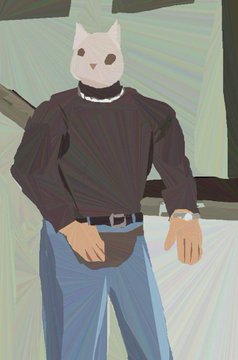 A stylized illustration shows a figure wearing a black long-sleeve shirt, blue jeans, and a brown fanny pack, with a white cat's head instead of a human face.