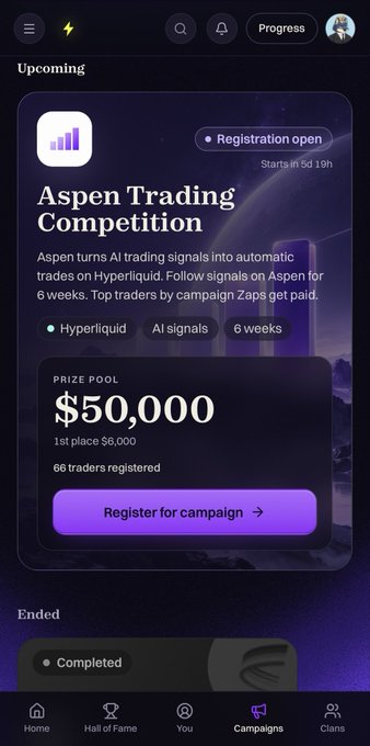 A mobile app screenshot shows an 'Aspen Trading Competition' event with a prize pool of $50,000, noting that registration opens in 5 days, 19 hours.