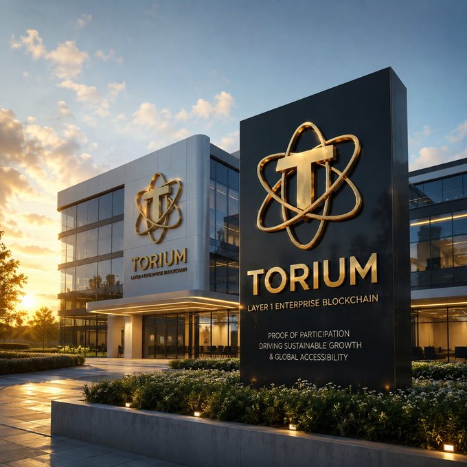 A modern corporate building at sunset displays the 'TORIUM' logo with text reading 'LAYER 1 ENTERPRISE BLOCKCHAIN' and 'PROOF OF PARTICIPATION DRIVING SUSTAINABLE GROWTH & GLOBAL ACCESSIBILITY'.