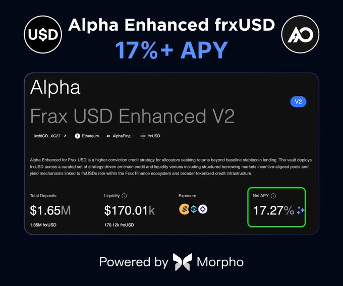 The image features a website or app that offers a way for users to invest their money, referred to as "Alpha Enhanced frxUSD Vault", which has been gaining popularity among cryptocurrency enthusiasts. The main focus of the image is the post itself on the web page, located near the bottom-right corner of the screen. This post highlights the idea of making gains from investments and offers a way for users to invest in it by simply clicking on the text displayed. There are two mentions of "APY", one on top right and another at the bottom center part of the image.